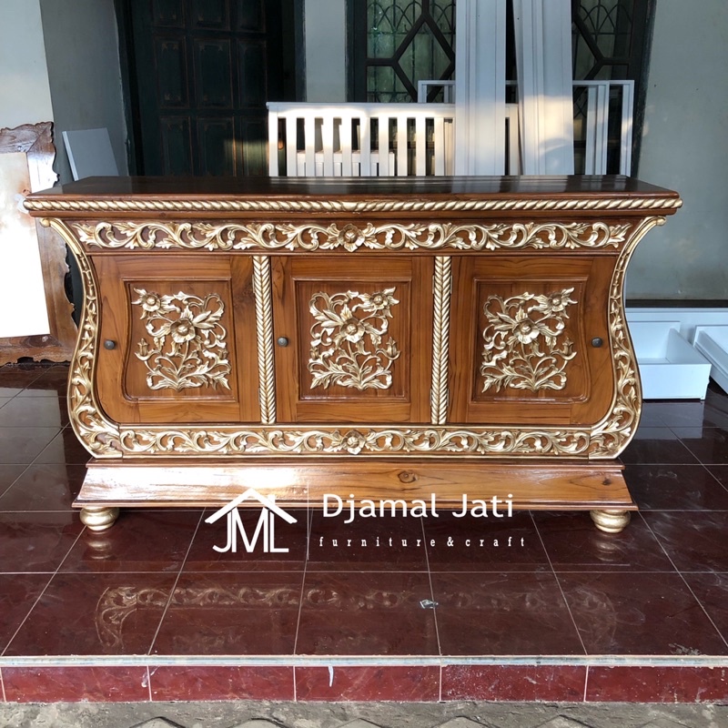 bufet biola ukir emas jepara, buffet tv ukir, bufet ukir jati, side board