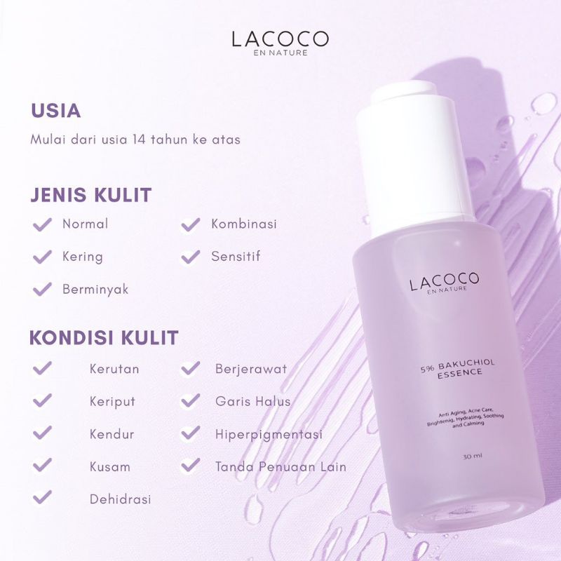 LACOCO 5% BAKUCHIOL ESSENSE ORIGINAL SERUM PENCEGAH PENUAAN DAN KERUTAN JERAWAT MERATAKAN WARNA