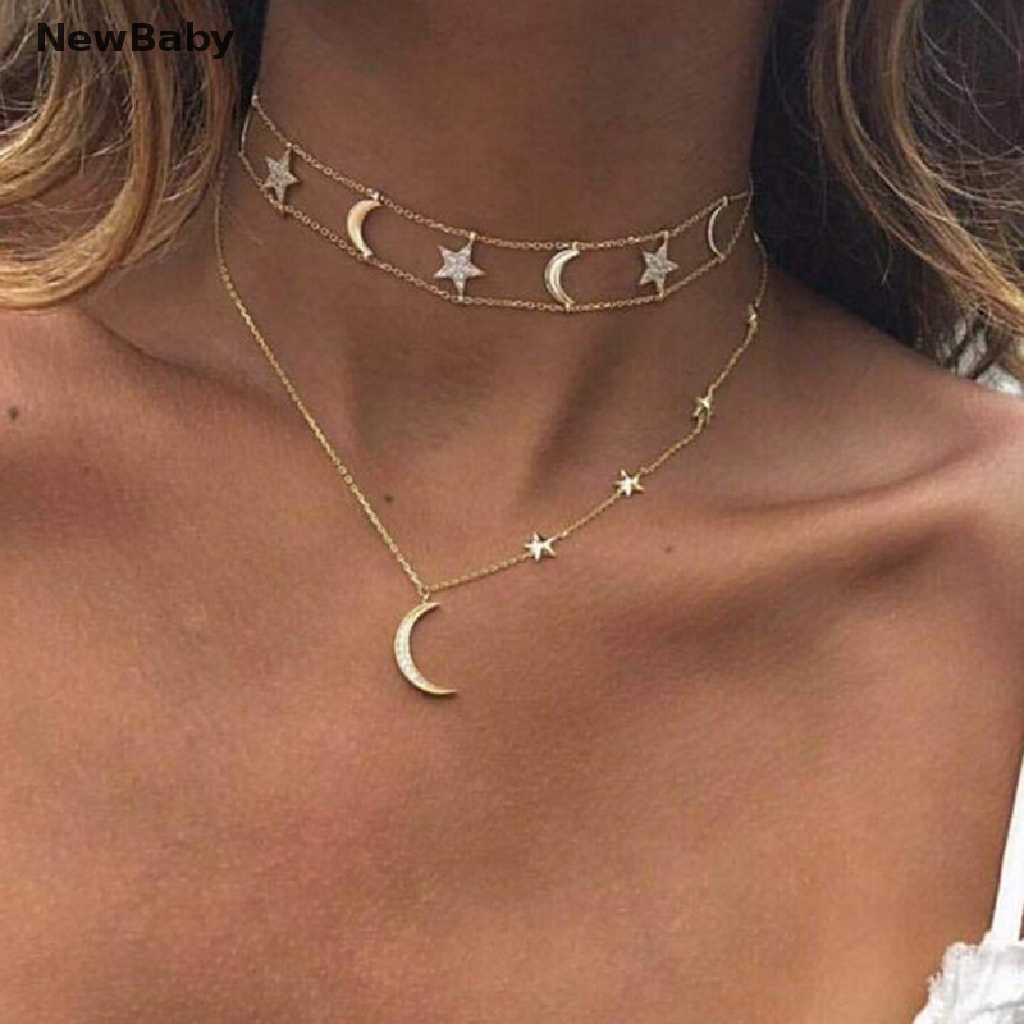 Kalung Rantai Multilayer Dengan Liontin Bulan Bintang Warna Emas Untuk Wanita