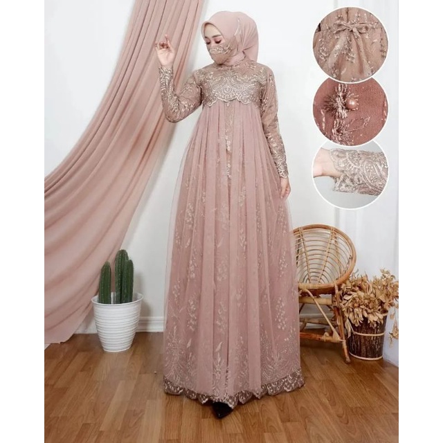 gamis tile mutiara mix tulle polos