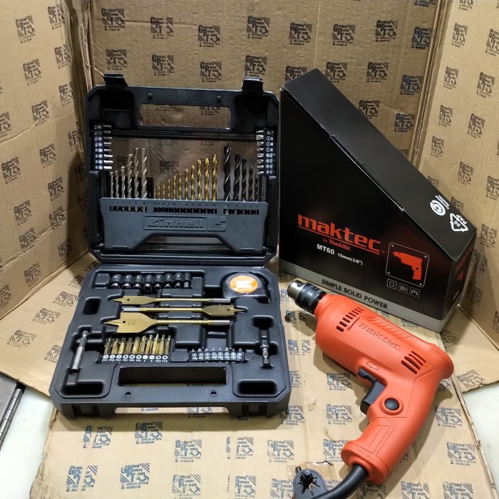 Mesin Bor Besi Kayu Obeng Bor Tangan Maktec Mt60 Paket Mata Bor 70Pc