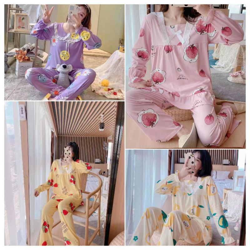 BP001 PP Kaos Import Karet Grosir Baju Tidur Piyama Wanita Bahan Kaos Lengan Panjang motif Terbaru