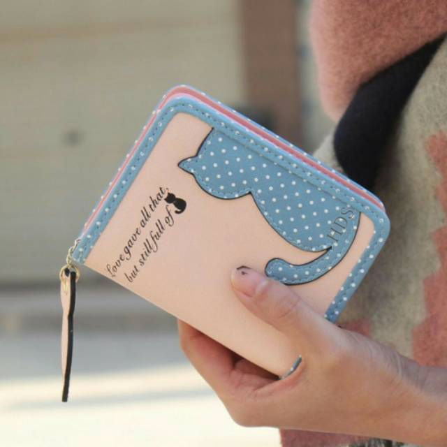 Dompet Mini Lipat Korea Motif CAT POLKADOT Lucu Unik Kecil Ringan Muat Banyak