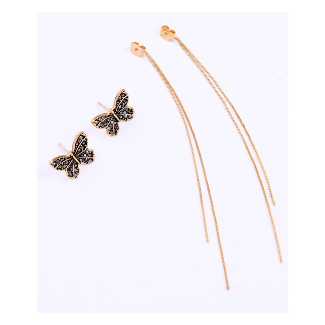 LRC Anting Tusuk Fashion Gold Alloy-studded Fringed Butterfly Stud Earrings F91415
