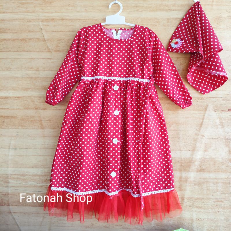 Gamis anak 3 4 tahun polka tutu bonus jilbab rempel lucu polkadot tutul ( gamis polka tutu imut )