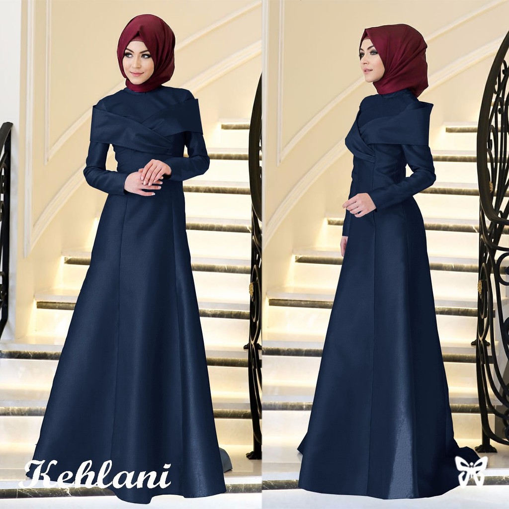 sis Kehlani Navy 100.000 Kehlani, dress baloteli polos model depan silang, seleting belakang, Ld 94,