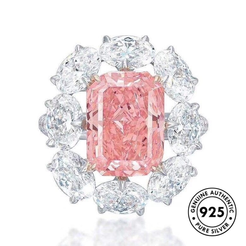 Cincin S925 Silver Bentuk Kotak Aksen Berlian Warna Pink