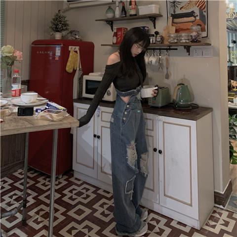 Overall denim robek retro untuk wanita musim panas baru dengan pinggang tinggi celana pel retro berk