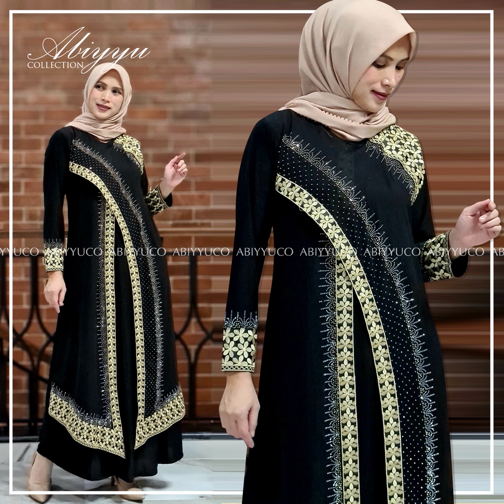 Abiyyuco - GL1030 | Gamis Abaya Turkey Hitam Elegan Turki Warna Warni Mewah Turky Terbaru  Bahan Jersey mix Ceruty dengan Bordir Renda dan Mote Swarovski