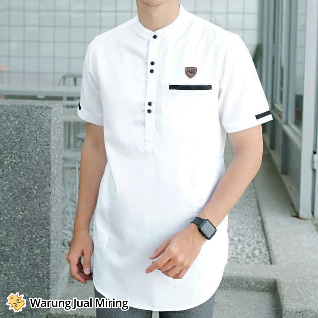 Baju Koko Kurta Lengan Pendek Dewasa Pria Laki Cowok Muslim Pakistan Tangan Santai Untuk Sarung Peci Kokoh Qurta Adem Lembut Katun Toyobo Santri Kemeja Kerah Hitam Putih Biru Donker Coklat Merah Casual Kasual Formal Murah-Kurta Putih