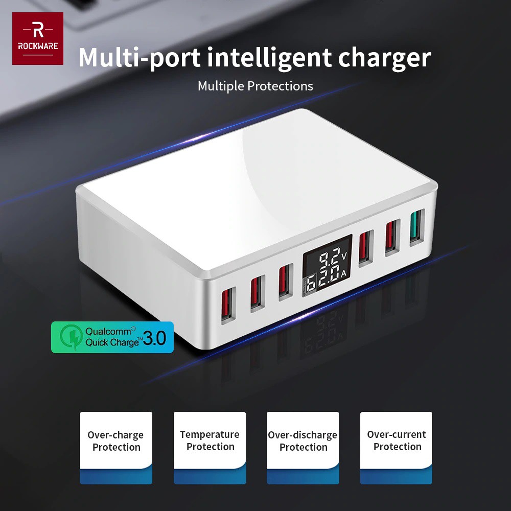 ROCKWARE WLX-T9 Plus - Intelligent 6 USB Charger LED Display - 40W (Charger Multiport Universal)