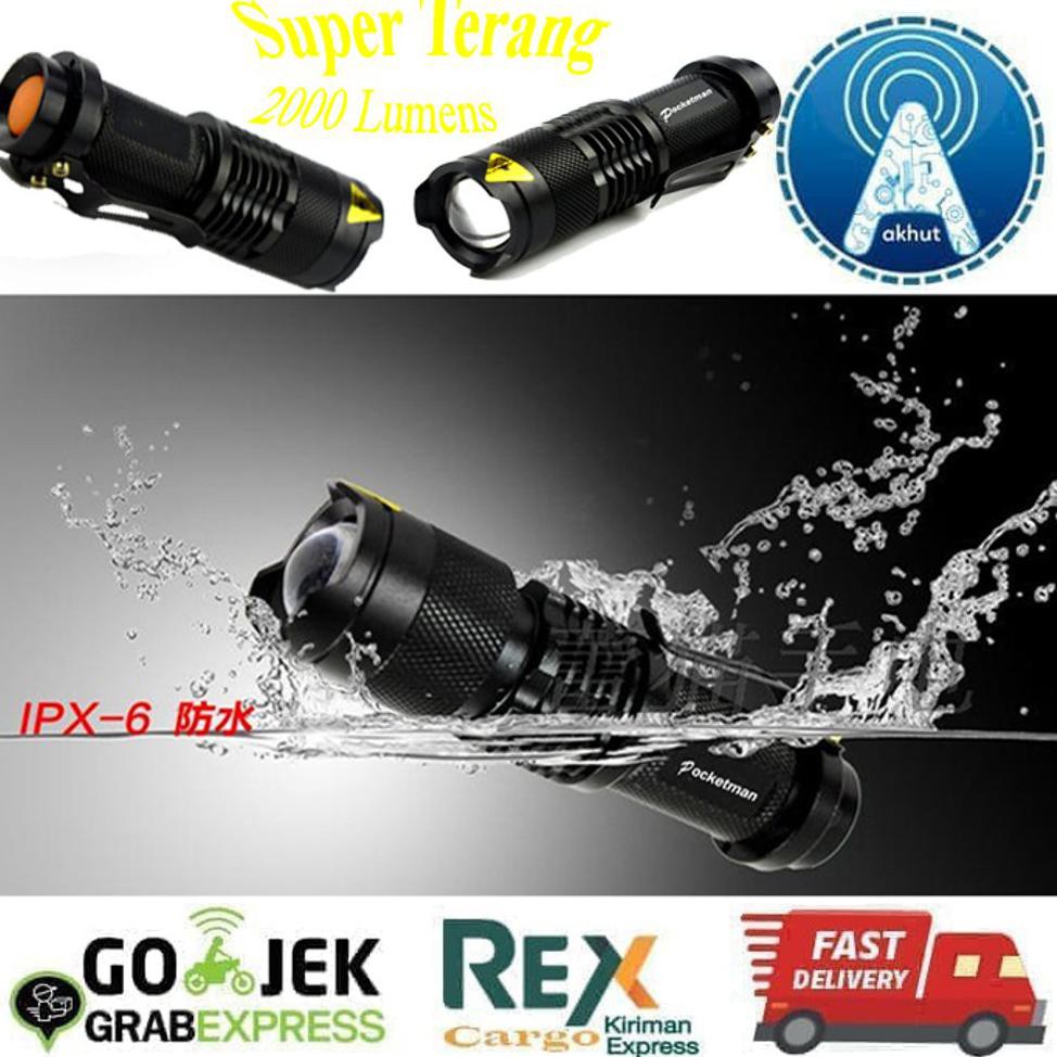 Paling Laris Pocketman Senter Led 2000 Lumens 3 Modes Waterproof Super Terang