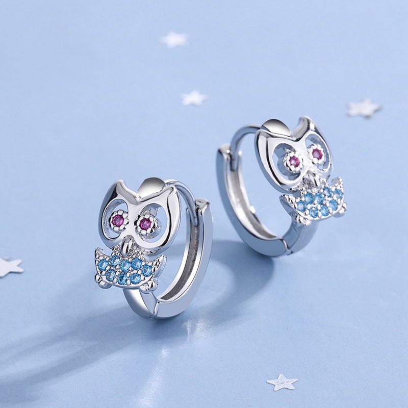 Anting Tusuk Sterling Silver 925 Desain Burung Hantu Hias Kristal Zircon Biru Untuk Wanita