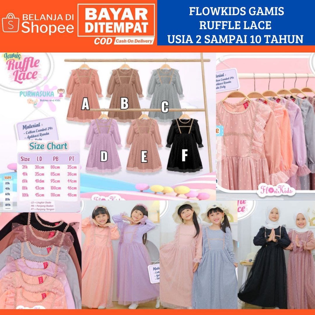 FLOWKIDS GAMIS RUFFLE LACE LONG DRESS TUTU ANAK LUCU USIA 2 4 6 8 10 TAHUN