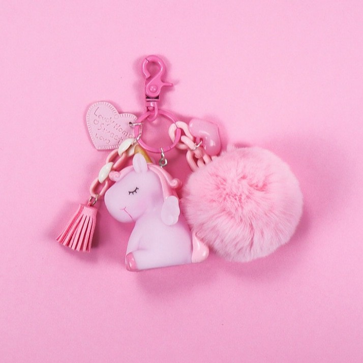 Ganci pom pom bulu unicorn gantungan kunci karakter unicorn anak Lucu