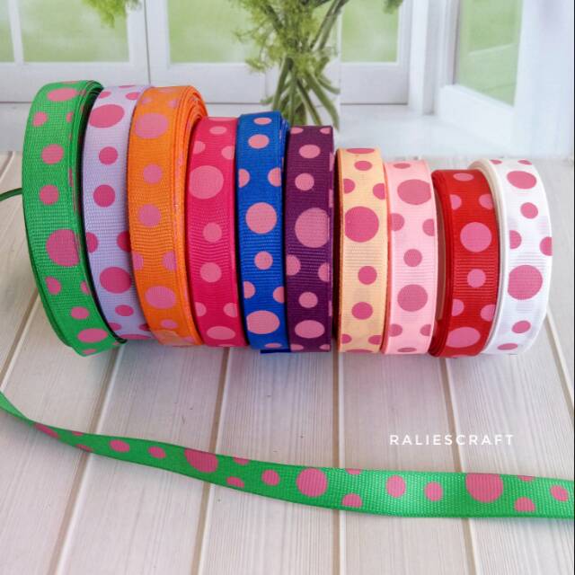 PER METER Pita  grosgrain  LOKAL motif bubble pink lebar 1 