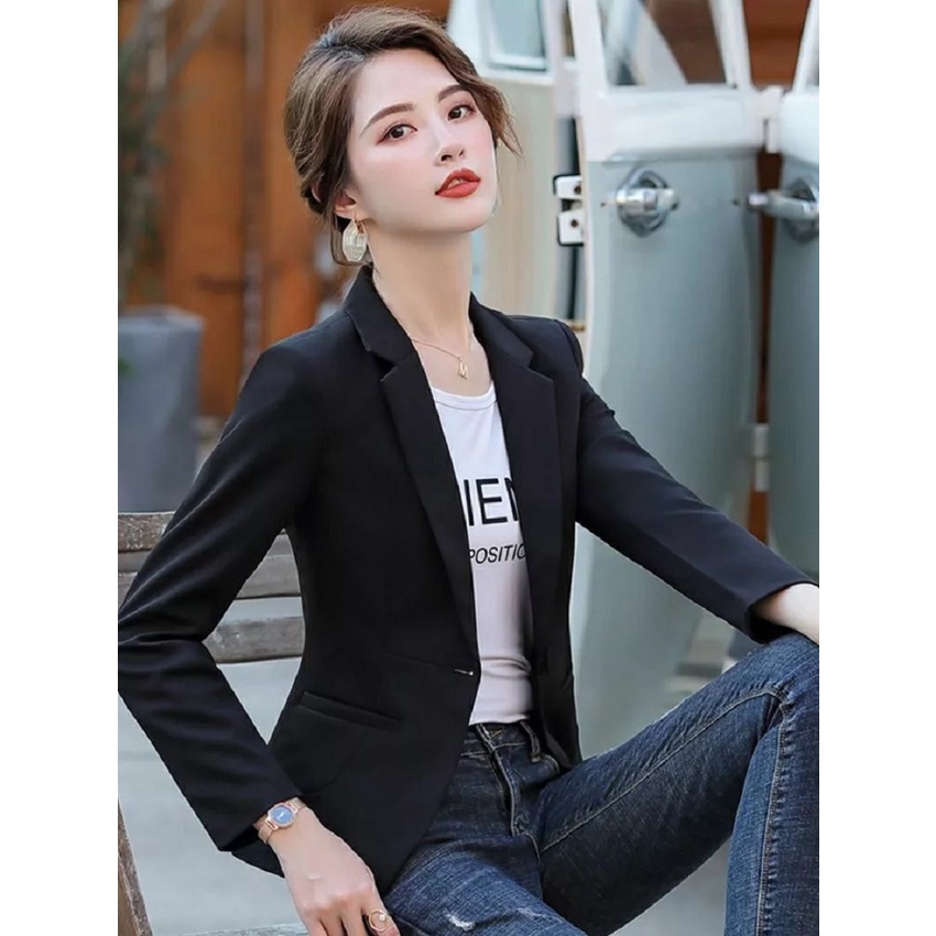 BLAZER WANITA KOREAN FORMAL SANTAI CASUAL FULL BLACK - BLAZER KERJA WANITA WARNA HITAM SLIMFIT NIKAYU