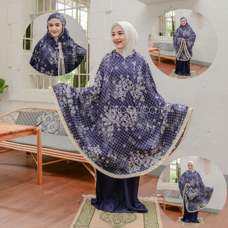 mukena dewasa traveling 2 in 1 navy biru dongker free pouch sleting depan jumbo renda cantik tali ikat bahan rayon premium