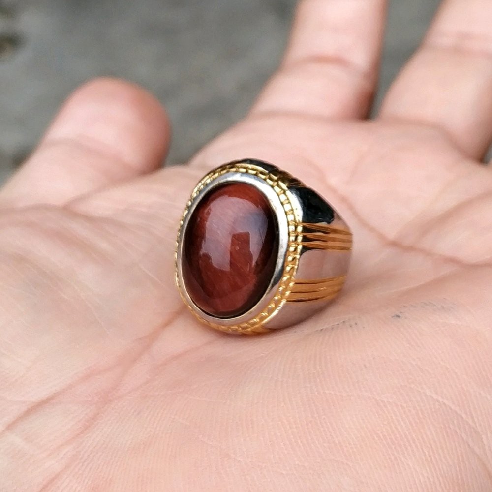 CINCIN BATU AKIK NATURAL BIDURI SEPAH COKLAT AKA BROWN TIGER EYE MINIMALIS TITANIUM