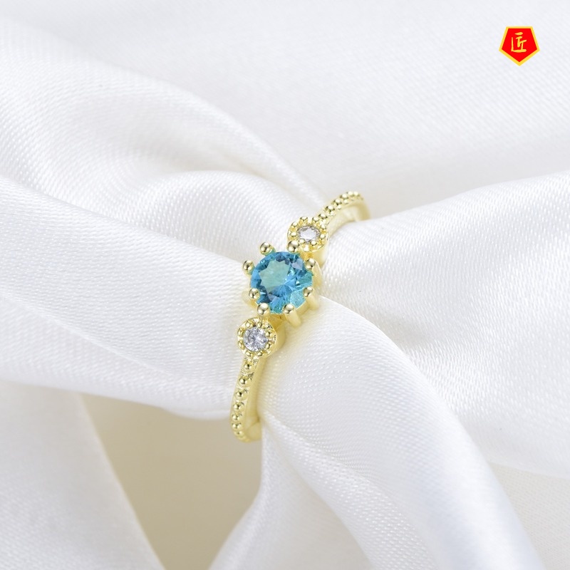 [Ready Stock]Simple Personality 925 Silver Sea Blue Diamond Ring