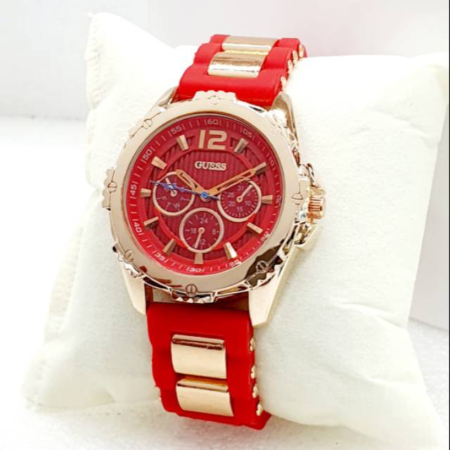 Jam Tangan Wanita Guess New Super Mewah Dan Elegan - Jam Tangan Wanita Tali Rubber Merah - Guess
