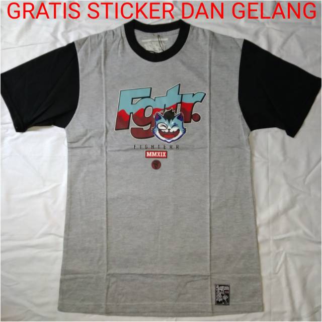 KAOS DISTRO PRIA WANITA ORIGINAL BANDUNG TERBARU BAJU REGLAN ABU HITAM PENDEK MOTIF SIMPEL FIGHTER