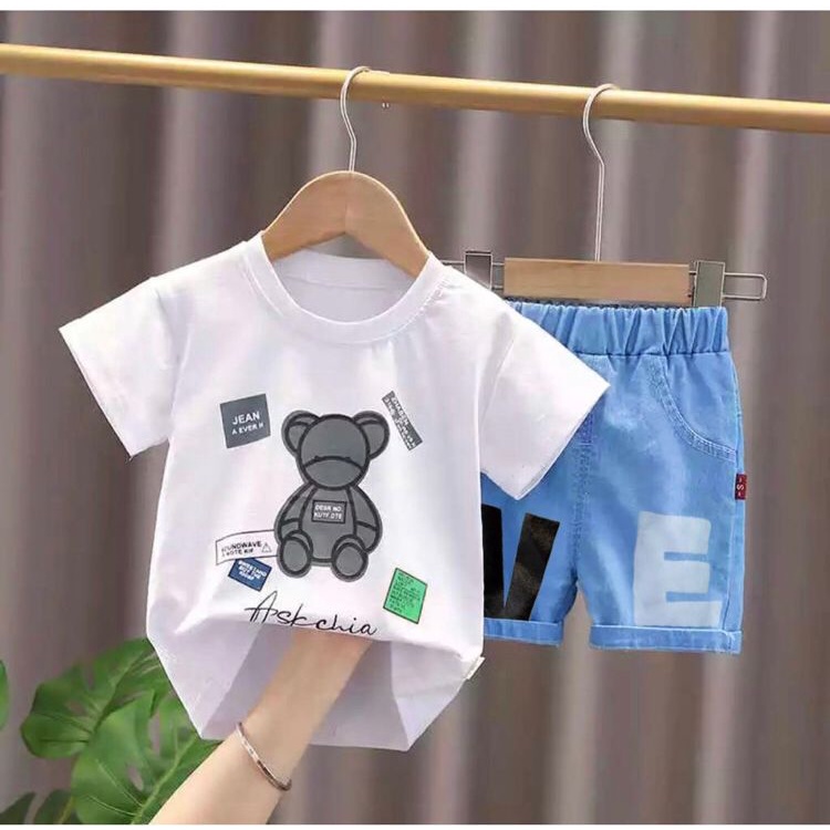 SETELAN BAJU KAOS CELANA JEANS BAYI ANAK MOTIF BEAR TEDDY PANDA ARKENIA DENIM 6 BULAN-5 TAHUN TERBARU TERLARIS TERMURAH/ SETELAN BAJU KAOS CELANA JEANS BAYI ANAK LAKI-LAKI/ SETELAN BAJU KAOS CELANA JEANS BAYI ANAK PEREMPUAN/ BAJU BAYI ANAK ARKENIA DENIM