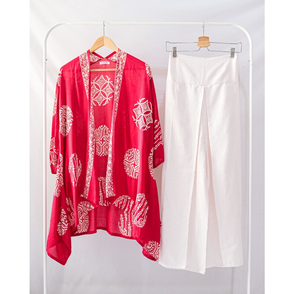 ONE SET BATIK WANITA OUTER SETELAN KULOT OUTER BATIK MERAH CULLOTE BATIK MODERN WANITA HIGHWAIST PAN