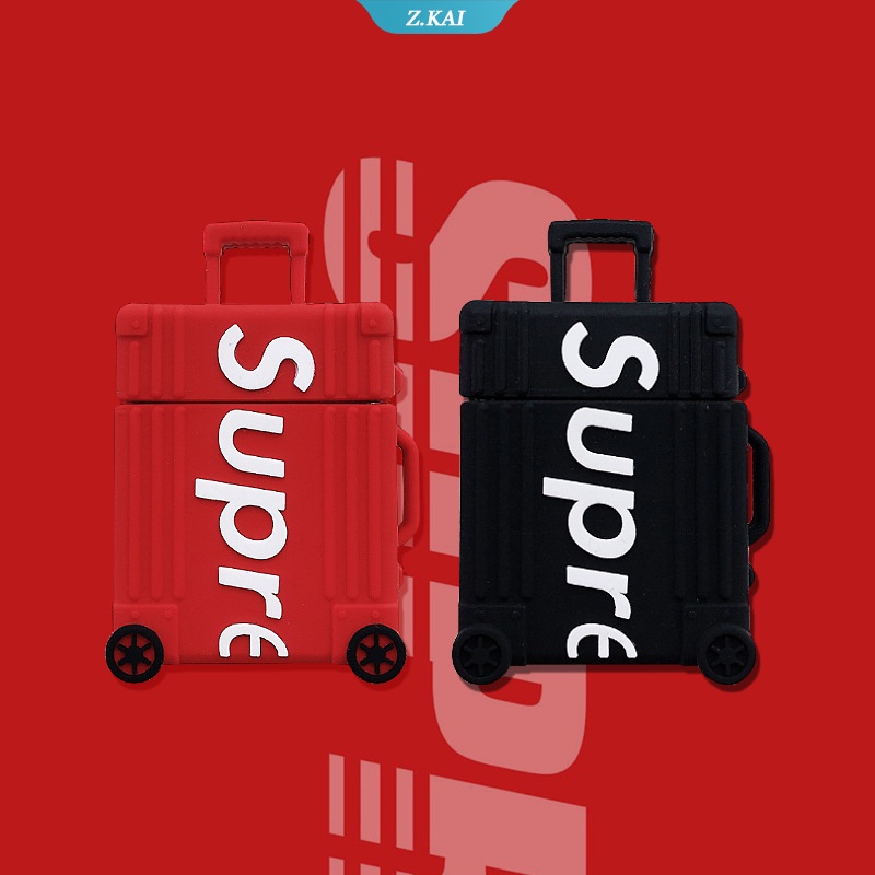 Case Silikon Bentuk Koper Desain Supreme Dengan Gantungan Kunci Untuk AirPods 1 2 3 Pro