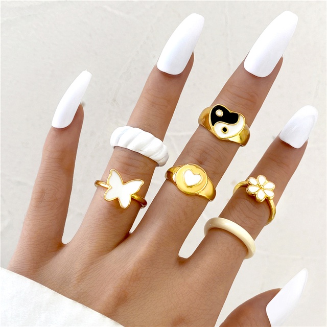 YEEZII 6pcs / Set Cincin Model Butterfly Tai Chi Warna-Warni Gaya Retro Untuk Wanita