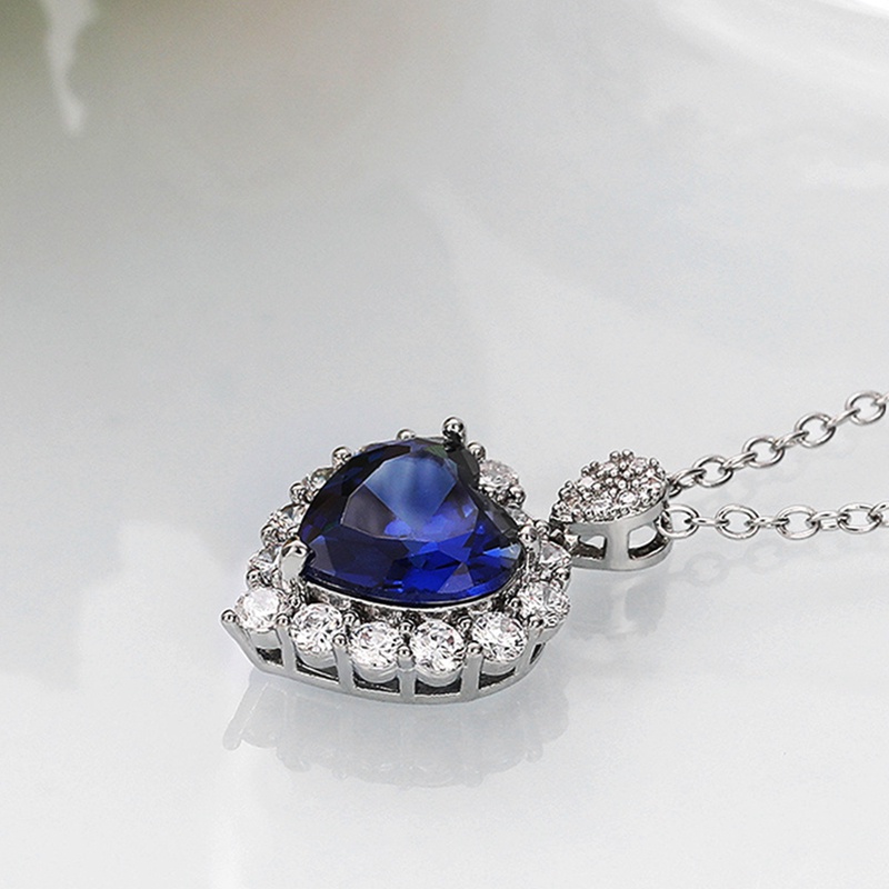 （Alloy）Kalung Inlaid Sapphire Bentuk Hati Untuk Wanita