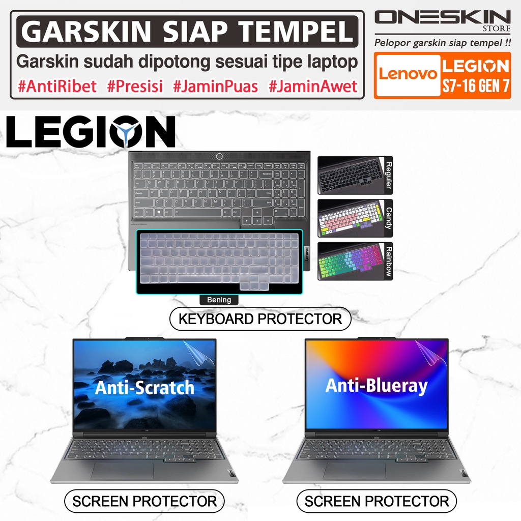 Garskin Sticker Laptop Pelindung Screen Keyboard Protector Lenovo Legion Slim 7 7i-16 S7 S7i-16IAH7 Gen 7 Gambar Full Body Silikon Bening Glossy Doff