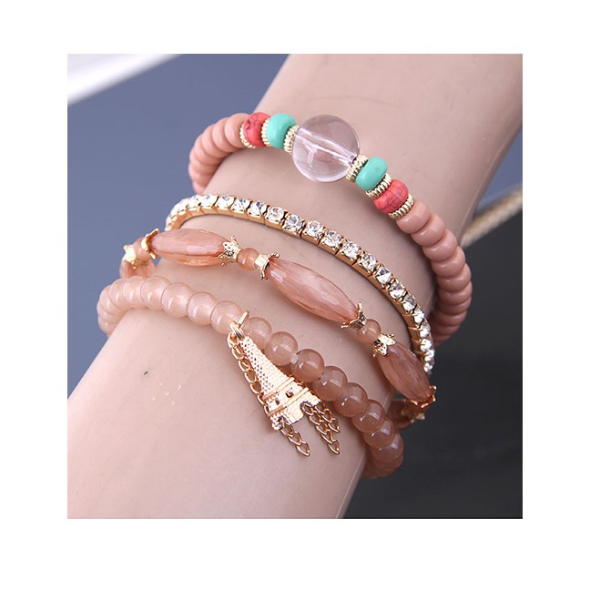 LRC Gelang Fashion Acrylic Bead Tower Tassel Multilayer Bracelet  A59539