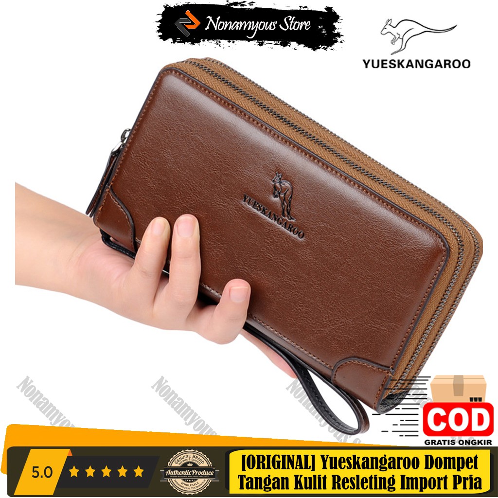 [ORIGINAL] Yueskangaroo Dompet Tangan Kulit Resleting Import Pria 15 Slot Kartu Business Style Double Zipper Unisex Handbag