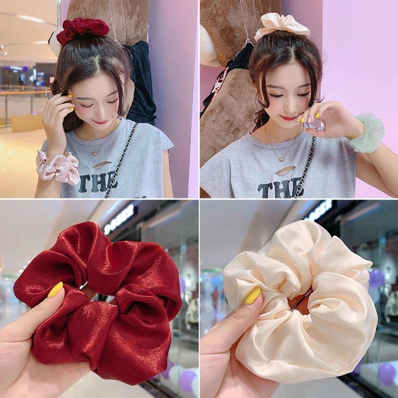 Scrunchie Cepol Rambut Bahan Chiffon Silky Satin Polos Ikat Rambut Kunciran Berkilau