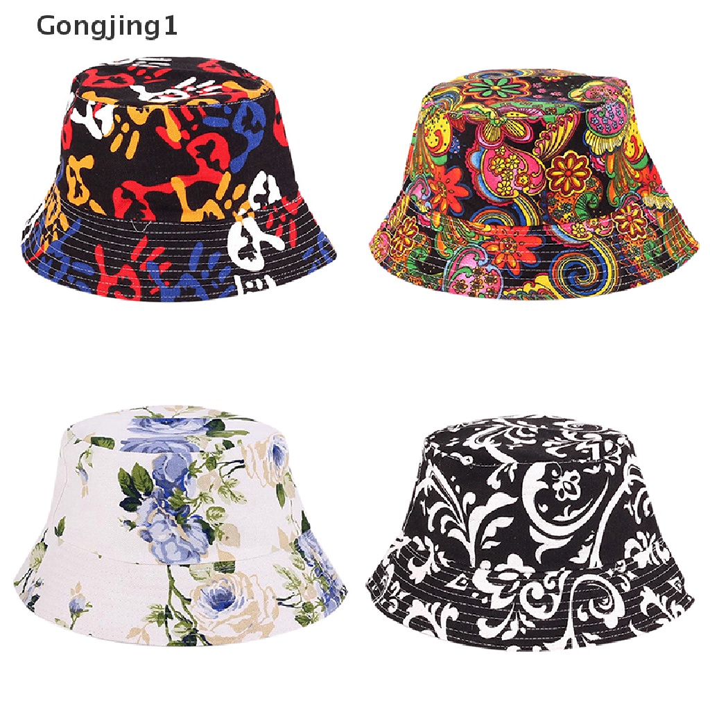 Gongjing1 Topi Bucket Pria / Wanita Motif Bunga Untuk Hunting / Memancing / Outdoor