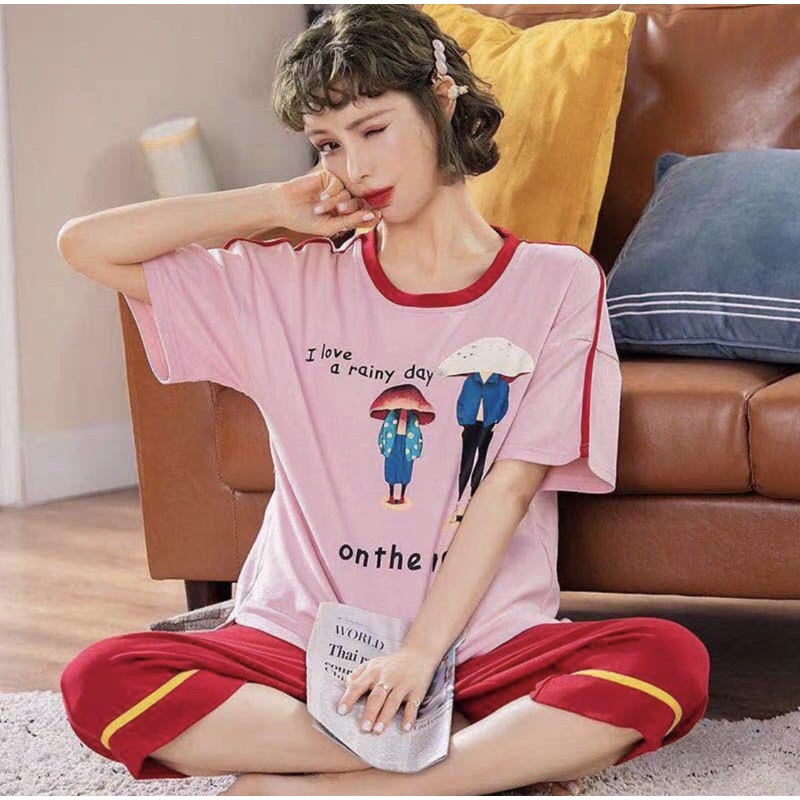 PIYAMA WANITA DEWASA KAOS SPANDEX IMPORT BAJU TIDUR SETELAN CELANA MOTIF CUTE PINK READY SIZE M L XL