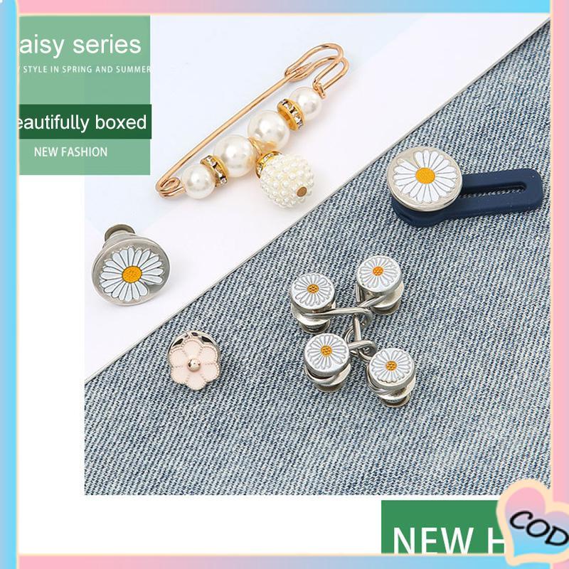 COD❤️ 10 PCS Daisy Pattern Nail Gratis Dilepas Celana Denim Penyesuaian Pinggang Tombol Loga-A.one