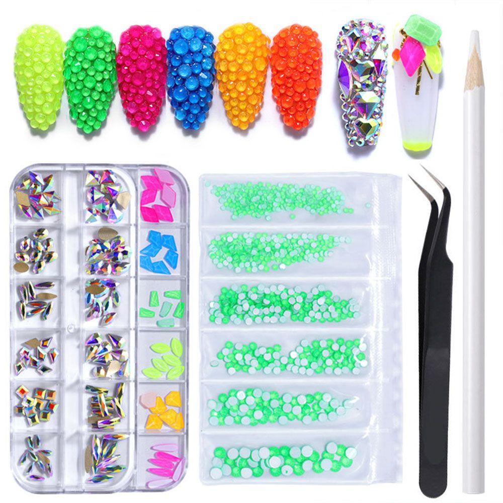 AUGUSTINA Agustina Kuku Berlian Buatan Set DIY Multi Bentuk Dotting Pen AB Kaca Flatback Rhinestones Pesona Shiny Manicure