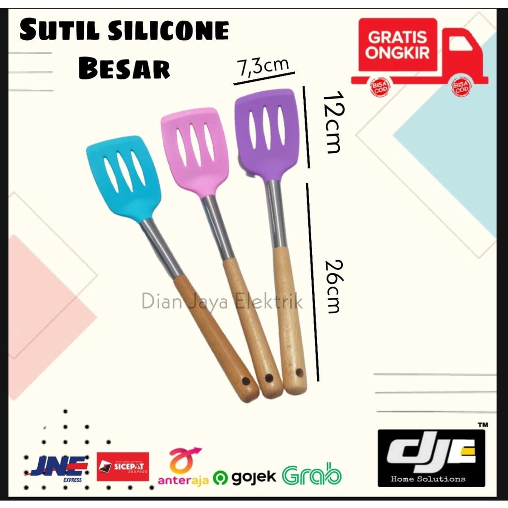 sutil spatula irus silicone tahan panas gagang kayu ukuran besar