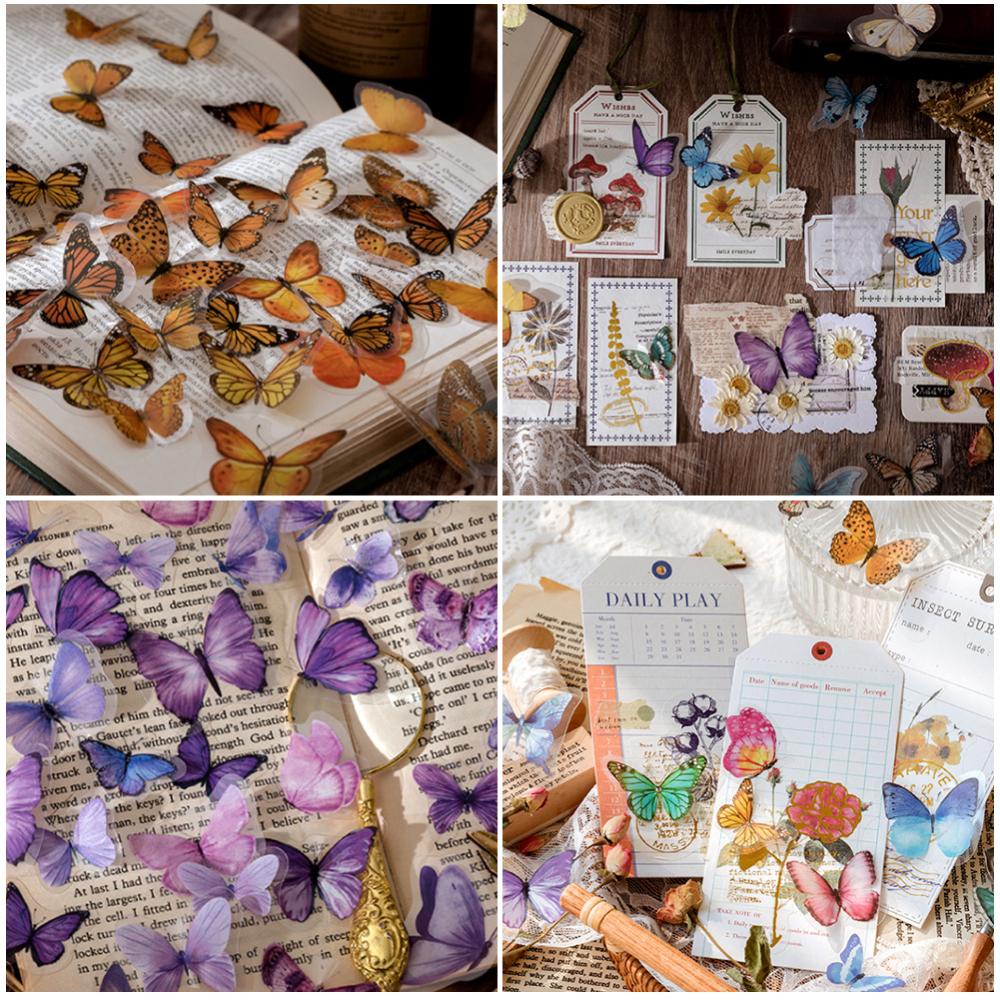 Timekey 40Pcs Stiker Butterfly Collage Vintage Bahan PET Untuk Dekorasi Diaryjurnalalbumscrapbook F2K3