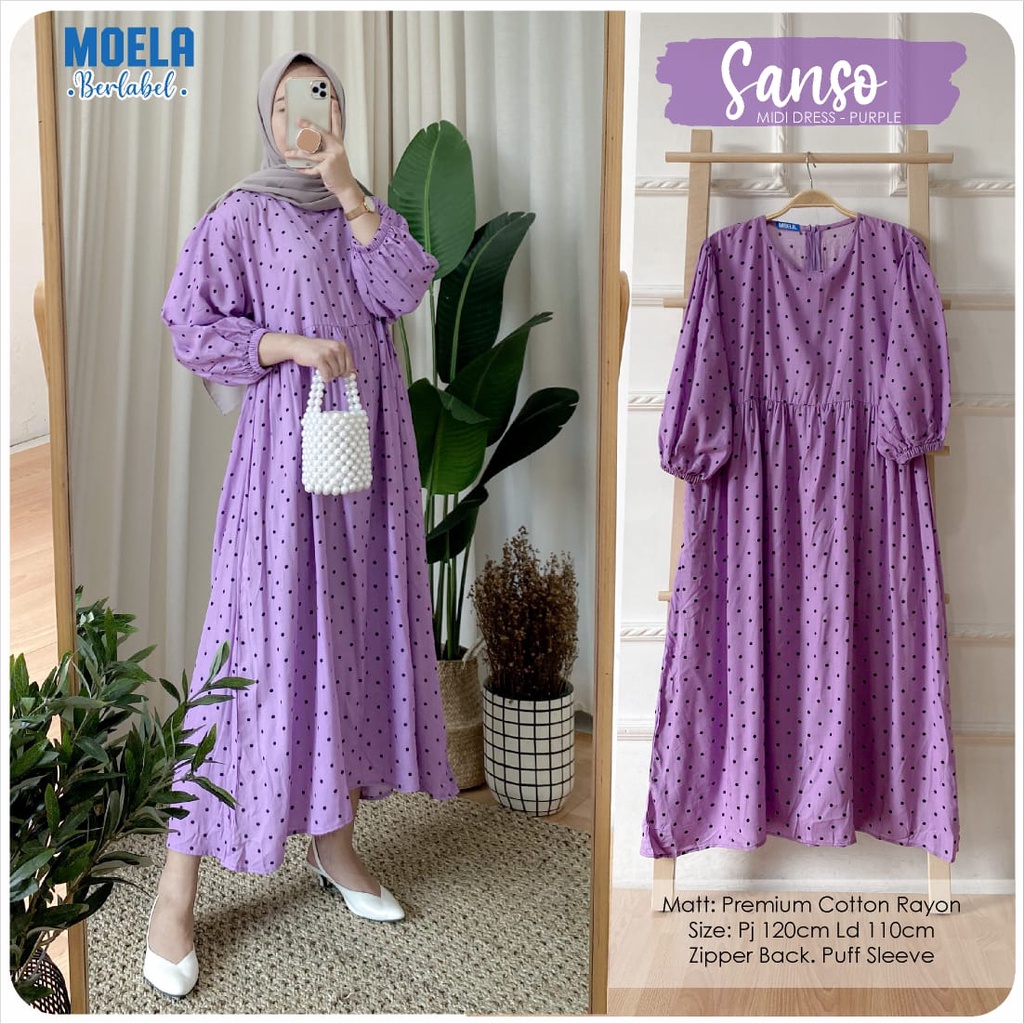 TERMURAH SANSO MIDI DRESS BY MOELA BERLABEL/MIDI DRESS POLKADOT/MIDI DRESS RAYON MOTIF/DRESS