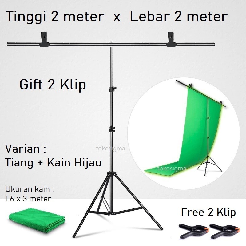 Tiang + Kain Green Screen 2x2m Stand Foto Studio Backdrop Background