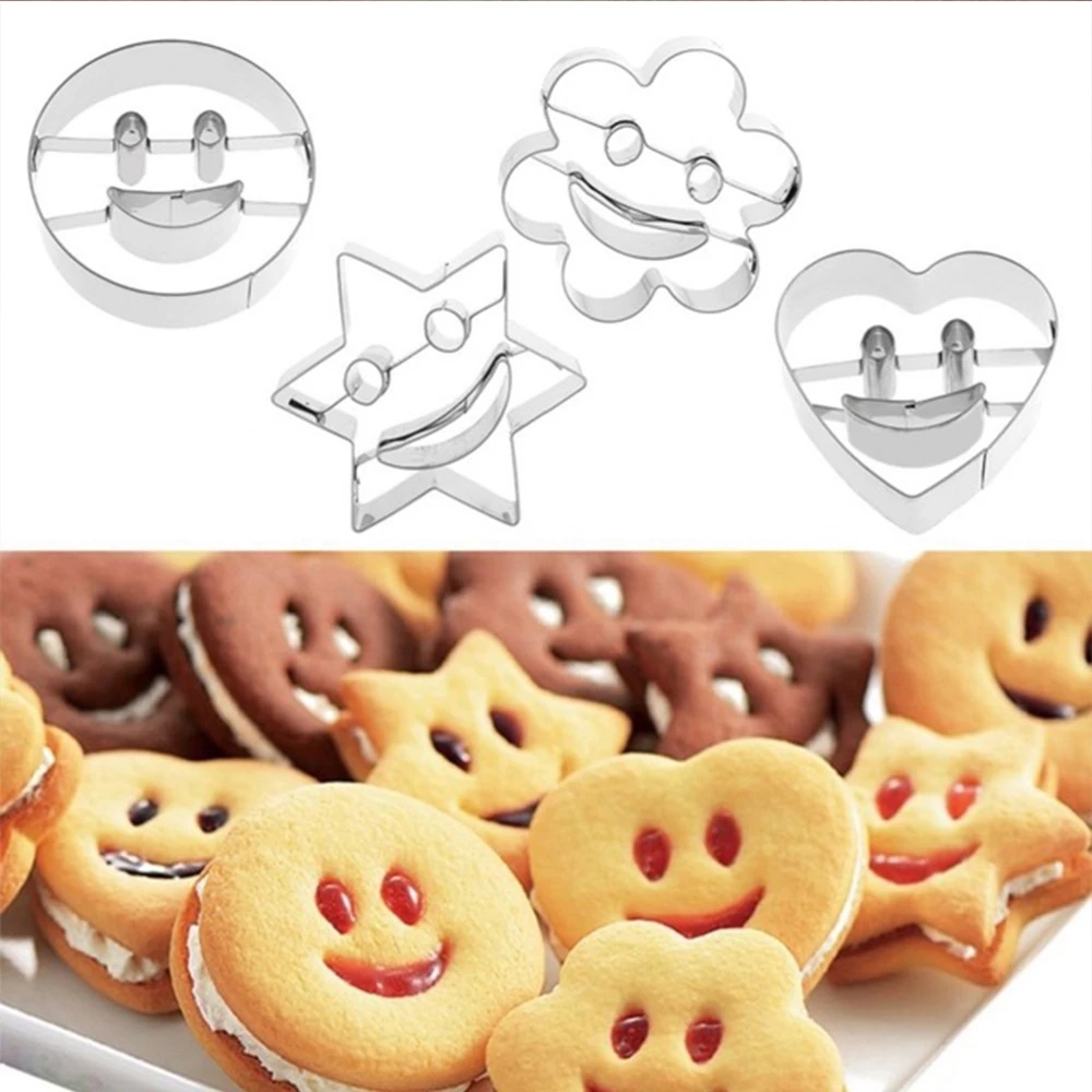 4pcs / set Cetakan Pemotong Kue / Biskuit / Cookies Mini Bentuk Emoji Smiley Face Bahan Stainless Steel