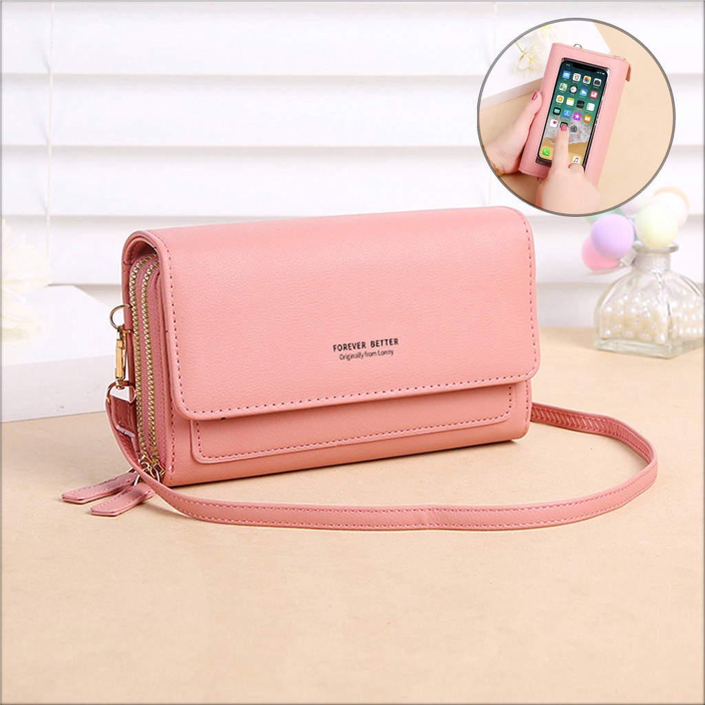 Dompet Wanita Selempang Tas HP Touchscreen Kulit Import Dompet Panjang HP Wanita Serbaguna