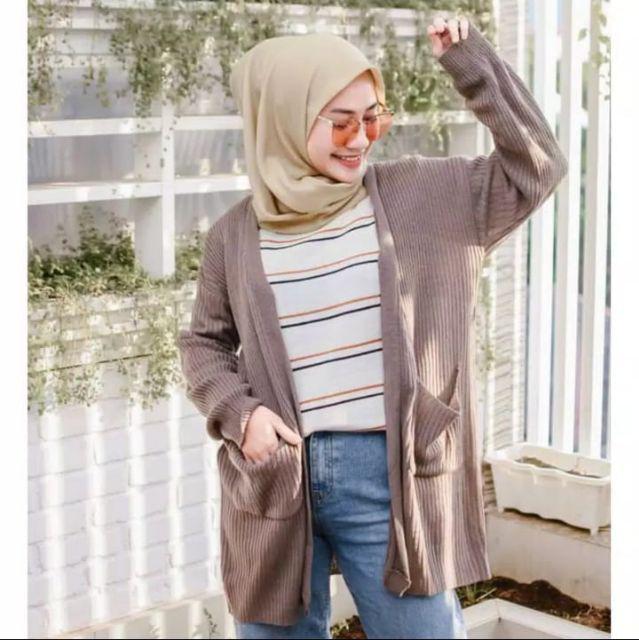 Long cardi BELE OVERSAIS/sweater rajut-Burgundi