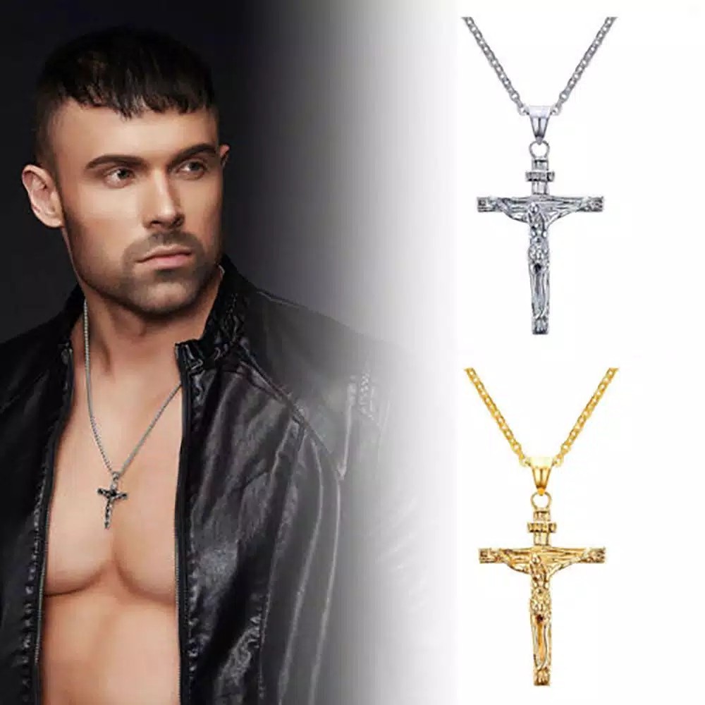 Kalung Liontin Salib Yesus Bahan Stainless Steel untuk Pria