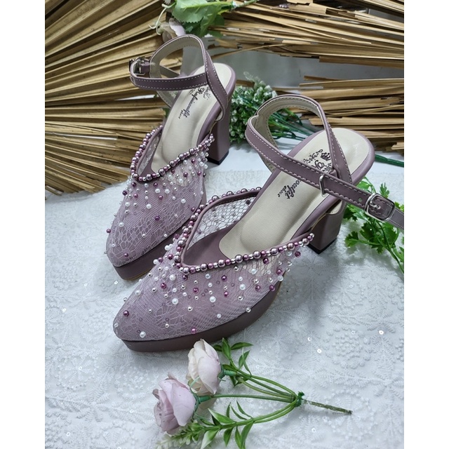 sepatu mauve model alummi payet tali tinggi  9cm