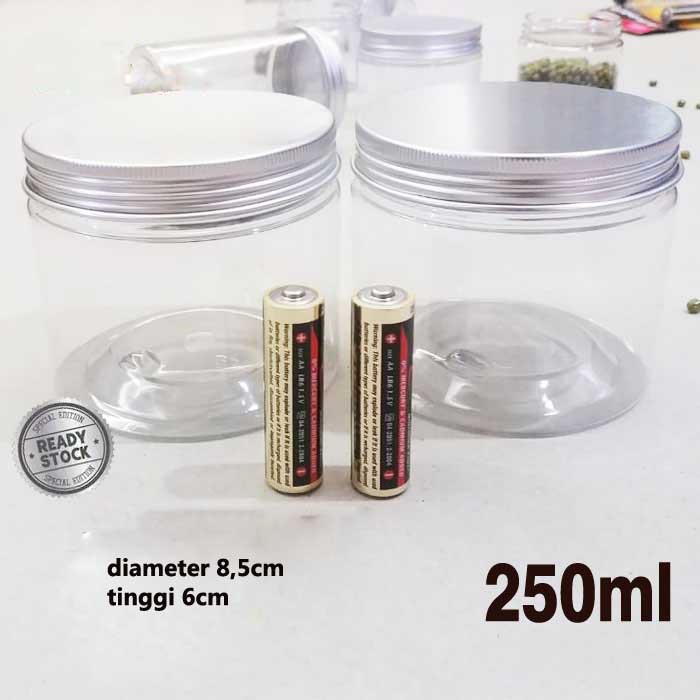 Botol Toples Plastik Jar Makanan Madu 250ml Tutup Aluminium Silver Perak Pot Kosmetik Masker Lulur