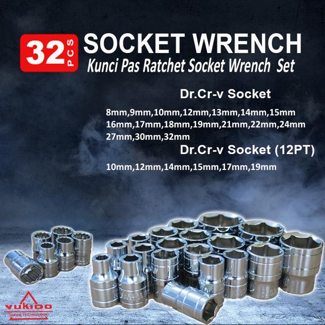 PROMO CUCI GUDANG !!! BISA COD YUKIDO Sock set 32 pcs Kunci Sok Set 1/2 Inch - Socket Shock Sock